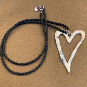 Large Silver -tone Heart Pendant Necklace on Black braided Cord